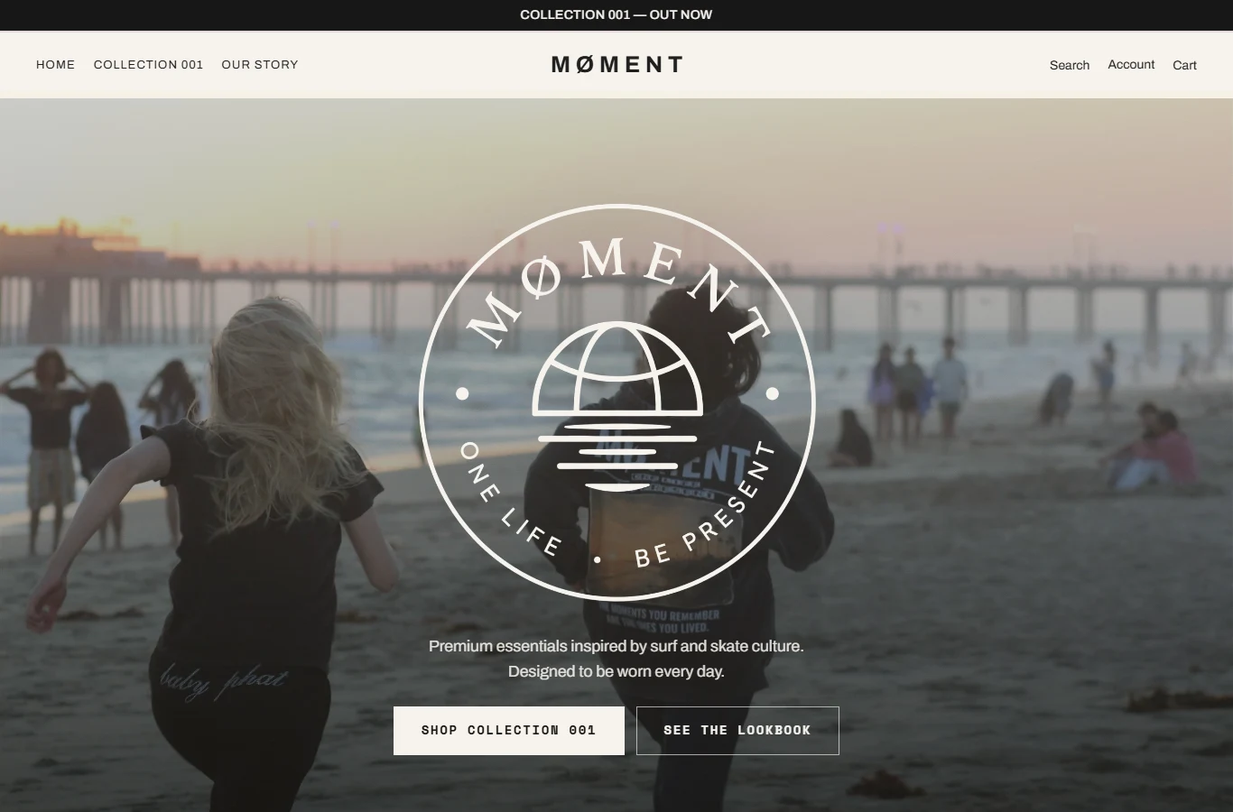 The redesigned MØMENT homepage, built around the brand's badge