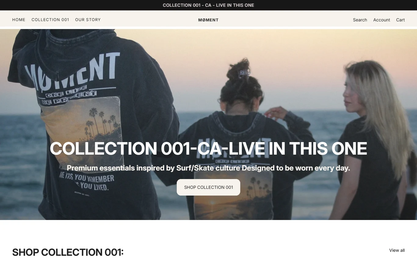 The MØMENT homepage before the redesign, on a stock template